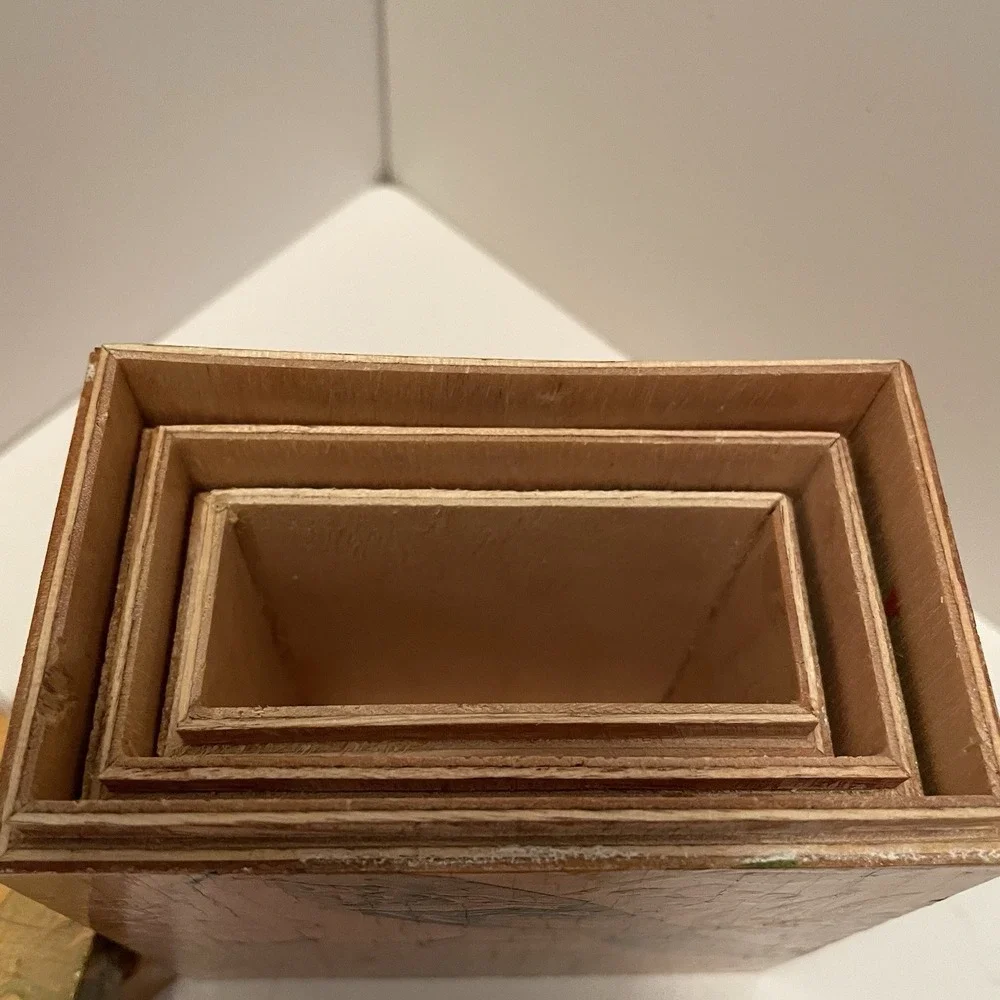 Vintage Chinese Wooden Nesting Boxes Set Of 3 Artist Sealed Bird & Floral Motif